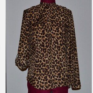 Ann Taylor 6P Tab Sleeve Animal Print Button Down Blouse Epaulets